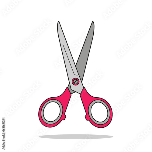 Simple illustration of open pink handled scissors with silver blades and grey shadow on white background