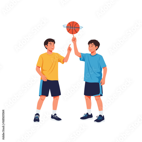 Two young boys playing basketball outside trying to spin the ball on their fingers for fun