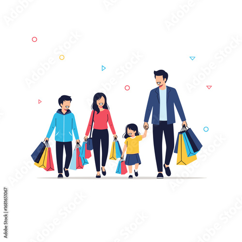 Happy family enjoying a day of shopping together carrying colorful bags