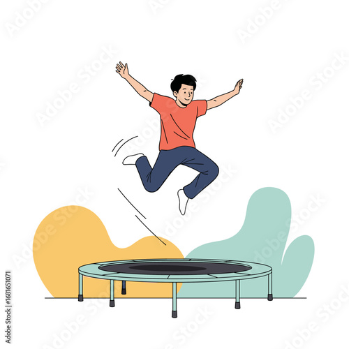 Young man joyfully bouncing high on a backyard trampoline enjoying outdoor recreation and fitness