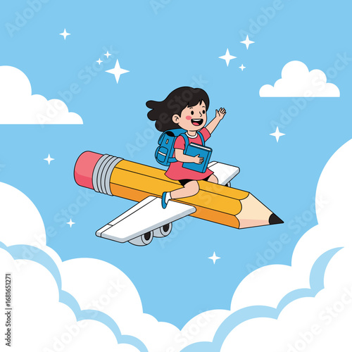 A young student soars through the sky riding a giant pencil airplane