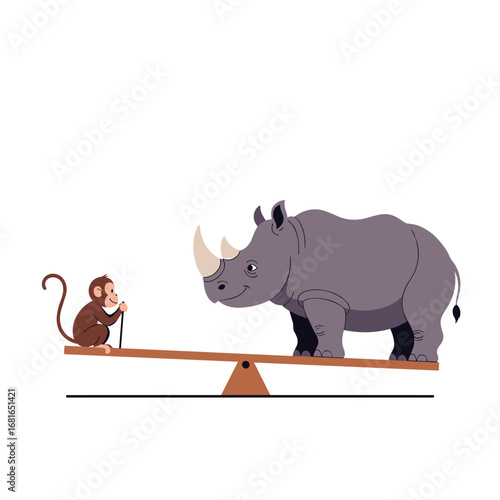 A small monkey on one side of a seesaw is outweighed by a much larger rhinoceros on the other side