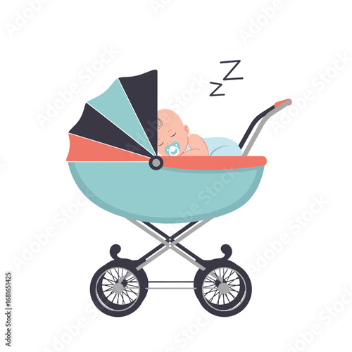 Cute baby sleeping peacefully in a vintage style stroller with a colorful canopy and secure straps