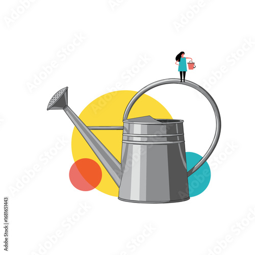 Creative illustration of a tiny person watering a large watering can with colorful circles in the background