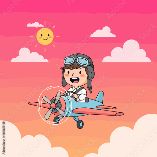 A happy young pilot soars through the sky in a vintage airplane under a bright sunny day