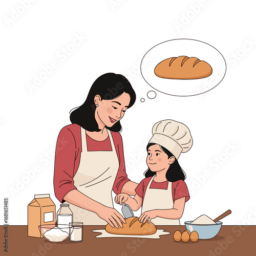 A mother and her daughter are happily baking bread together in the kitchen at home