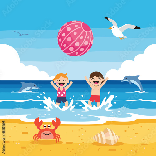 Joyful kids playing beach ball in the ocean with dolphins and crabs enjoying summer vacation