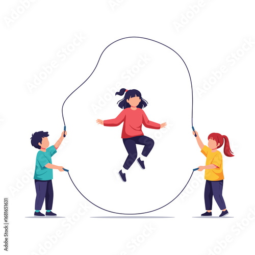 Active children enjoying a lively jump rope game together outdoors on a bright sunny day promoting healthy lifestyle habits