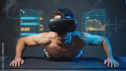 Close-up of VR user performing push-ups, floating strength meters rising. Ai generated.