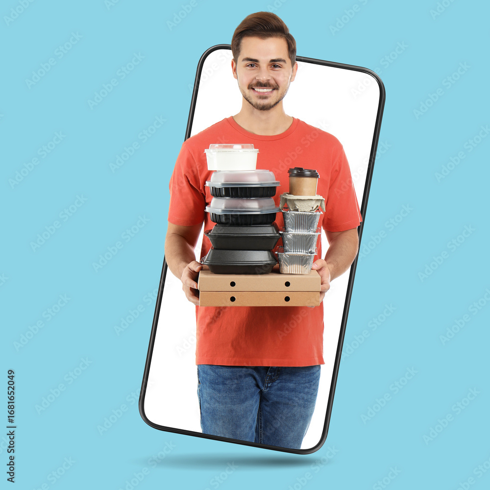 © New Africa - Food delivery service worker giving online order out of mobile phone display. Light blue background
