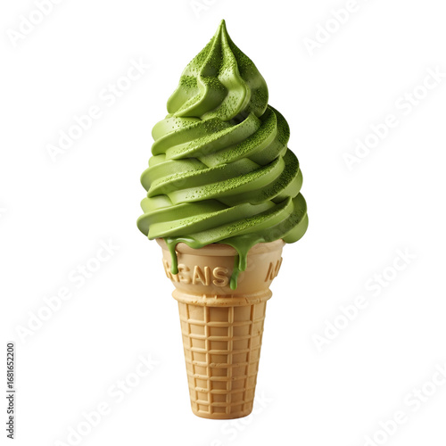 Green matcha soft serve ice cream in a waffle cone on white
