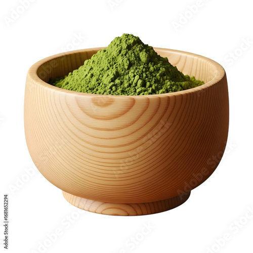 Wooden bowl filled with green matcha powder, on white