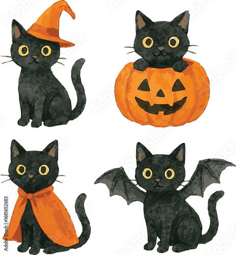 Collection of watercolor painted illustrations of halloween cats each isolated