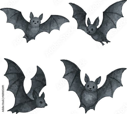 Collection of watercolor painted illustrations of halloween bats each isolated