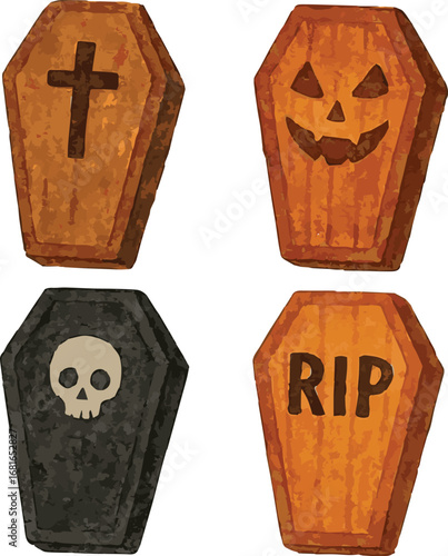 Collection of watercolor painted illustrations of halloween coffins each isolated