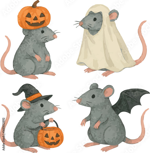 Collection of watercolor painted illustrations of halloween mice  each isolated