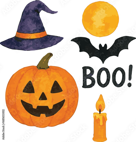 Collection of watercolor painted illustrations of halloween items each isolated