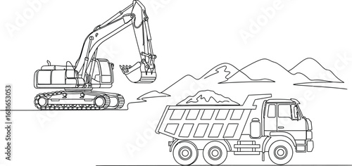 Excavator and dump truck line drawing construction equipment
