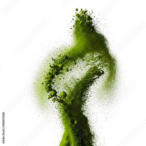 Explosion of vibrant green matcha powder in midair, on white