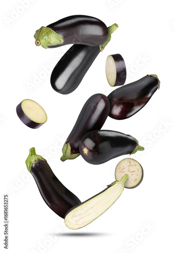 Bild auf Leinwand Fresh ripe eggplants falling on white background