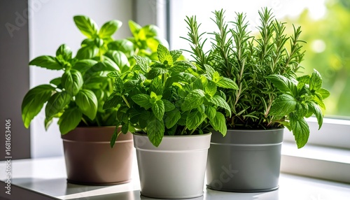 Three potted herbs sit on a windowsill, bathed in sunlight