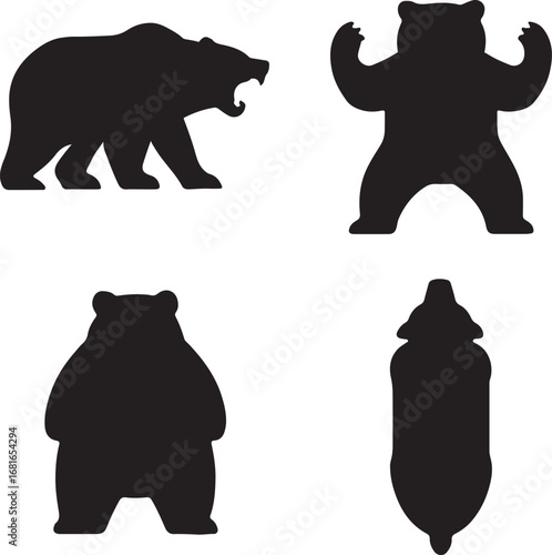 aggressive grizzly bear silhouette icons set side, front, back, and top views vector art illustration