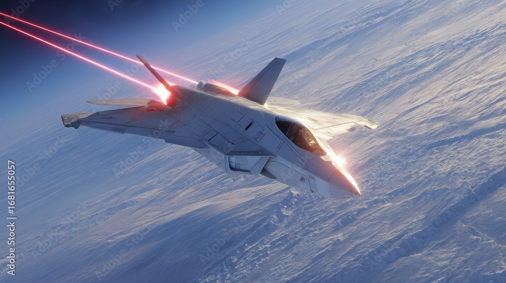 Fototapeta premium High-speed interceptor aircraft soaring through clear blue skies, leaving vibrant red contrails in its wake, set against a snowy backdrop.