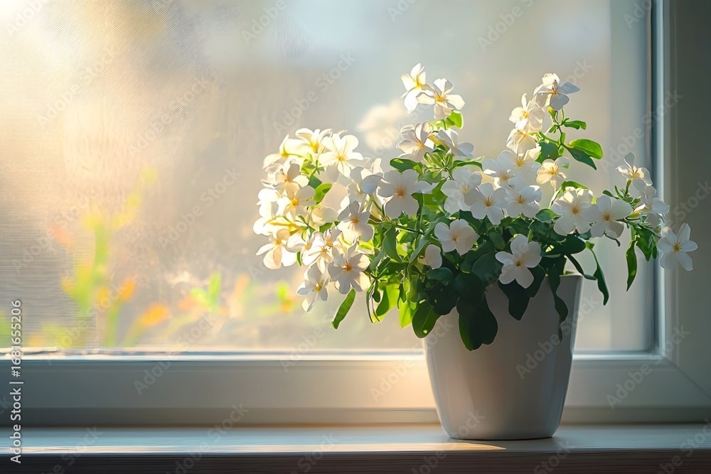 Fototapeta premium A pot of jasmine is placed on the windowsill, with sunlight gently falling on its petals