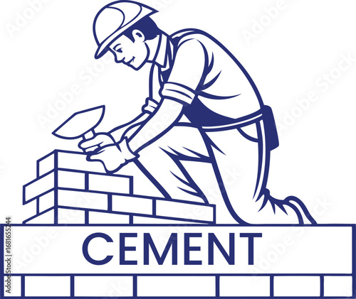 Masonry worker building with cement and bricks construction scene vector