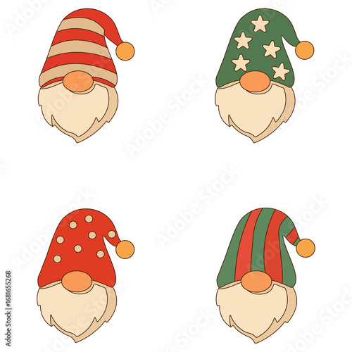 Christmas gnome clipart set with festive red and green Scandinavian hats. Clean decorative illustration for holiday design, cozy winter graphics and modern digital projects