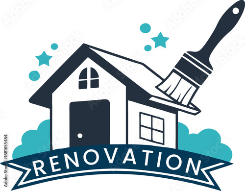 Modern house renovation concept with paint brush and stars vector