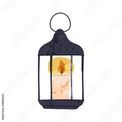 Candle lantern or vintage candlestick. Vector icon for retro street illumination and medieval decoration. Evening and night light with wick and heat. Traditional gothic decor element. Antique sign.