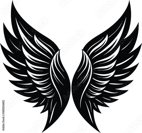 A vector illustration of black tribal wings set in a soaring eagle design with feather and heart elements