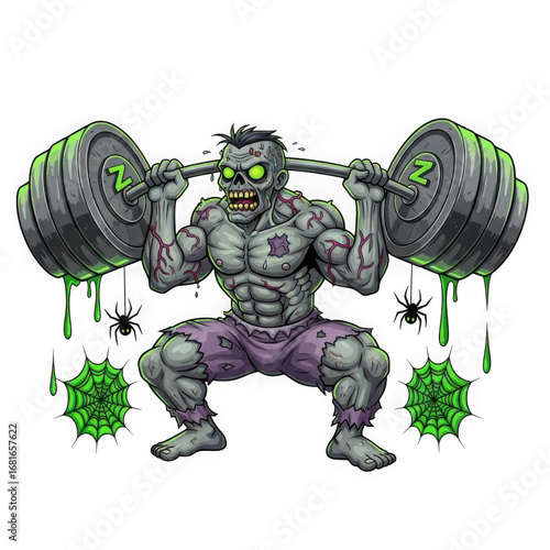 3d muscular zombie weightlifter performing a squat exercise outdoors  isolated on transparent background	