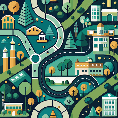 A vibrant seamless vector pattern of a cartoon city map with cars, buildings, and streets
