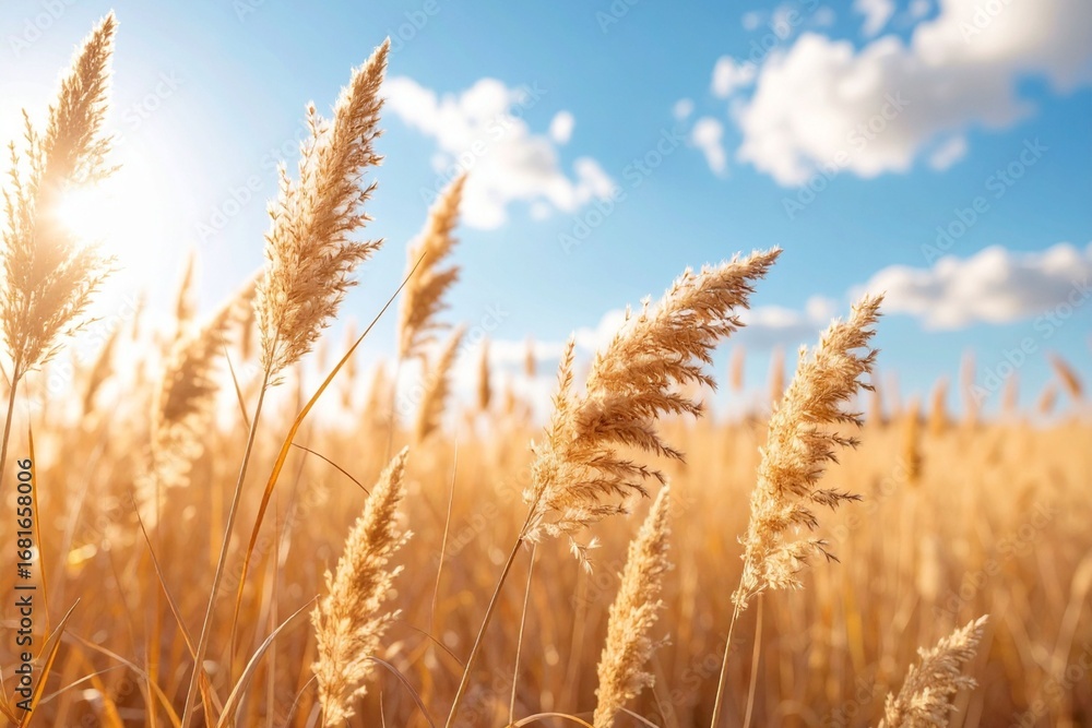 Fototapeta premium Dry Grass Field under Warm Sunlight with Blue Sky and Clouds