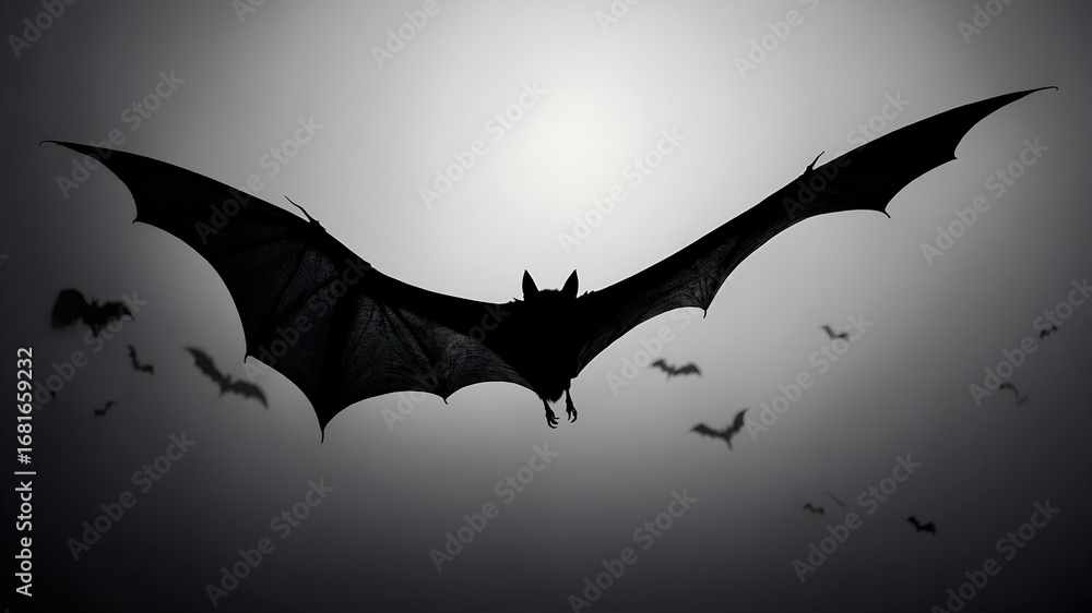 Fototapeta premium Monochrome bat silhouette with wings spread wide on grayscale gradient background, elegant minimal style with space for copy.