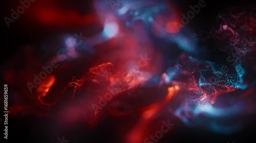Dynamic swirling particles in vibrant red and blue light create abstract futuristic energy flow for sci-fi concepts