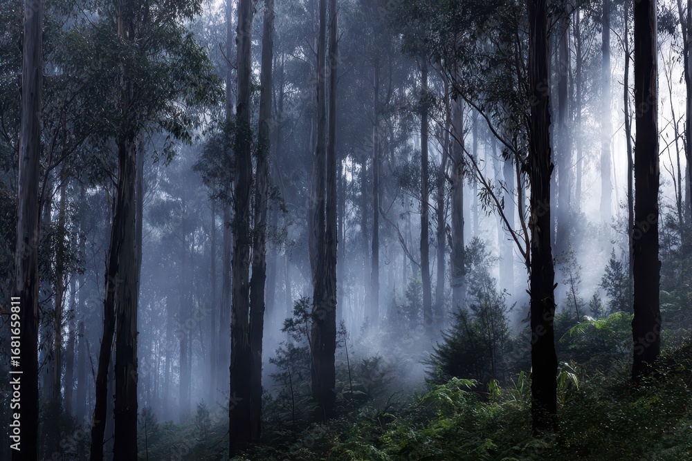 Fototapeta premium Ethereal Forest Misty Woodlands with Towering Trees and Mystical Atmosphere