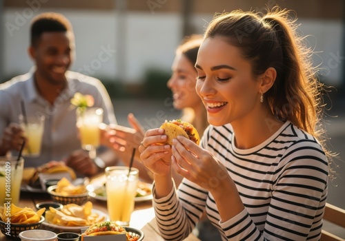 Woman eating taco with friends at outdoor restaurant during golden hour food meal
