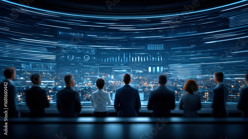 Diverse group of individuals observing futuristic cityscape with digital displays and data projections, showcasing sense of wonder and curiosity