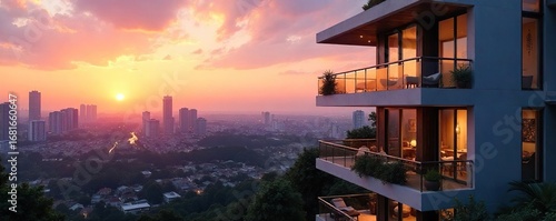 Modern condominium building with sleek architecture and balconies overlooking a cityscape at sunset Luxury apartments, urban living, city views, residential complex , dwelling, high-rise, concrete