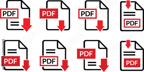 PDF file format icons set. PDF file download symbols. Format for texts, images, vector images, videos, interactive forms, Vector illustration !