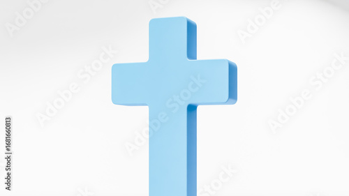 Light blue Christian cross symbolizing faith hope and love against a clean white background spirituality and devotion