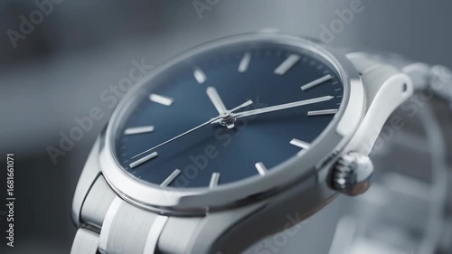 Wallpaper Mural Modern Silver Wristwatch Close-up - A detailed close-up shot of a sophisticated silver wristwatch with a dark blue face. The video showcases the watch's elegant design and intricate details. Torontodigital.ca
