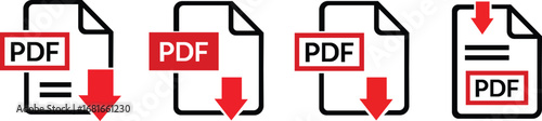 PDF file format icons set. PDF file download symbols. Format for texts, images, vector images, videos, interactive forms, Vector illustration !