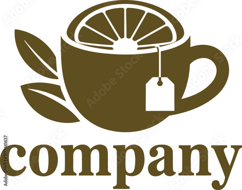 Elegant Tea Logo featuring a lemon slice, teacup, teabag, and fresh leaves, perfect for a beverage company or cafe brand.