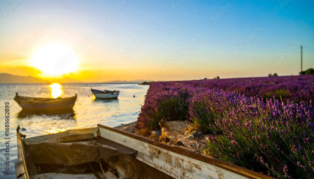 Obraz premium Lavender field at sunrise with boats