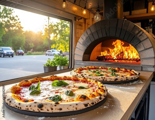 Two delicious pizzas rest on a mobile food truck countertop, ready for hungry customers, while a wood-fired oven heats up in the background.