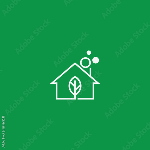 An eco-friendly logo of a house with a leaf coming out of the chimney. Great for sustainable living, green energy, or environmental companies.